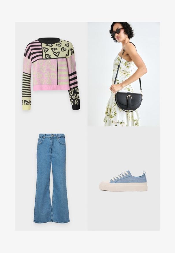 Kootud sviiter, millel on lühendatud disain roosa, rohelise, musta ja triibulise mustriga, südame motiivide ja soonikkraega.; Heledad sinine flared teksade rõivad, millel on kõrge talje, viis taskut ja üks nupulukk. Pehme tekstuur ja pleekinud viimistlus.; Heledad sinised kangast tennisekingad koorevärvi kummist varbakatte ja taldaga, millel on valged paelad ja tõmblukk kandadel.; Mustmust mustraha kõverate joontega, eemaldatava rihmaga ja kuldsete detailidega. Kotil on klapp, millel on pandladetail.