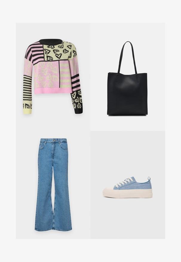 Heklet genser med en cropped design i rosa, grønn, svart og stripete mønster, detaljert med hjerte-motiver og ribbestrikket hals.; Lyseblå vide jeans laget av denim, med høyt liv, fem lommer og en enkelt knappelukking. Myk tekstur med falmet finish.; Lys blå canvastøfler med en kremfarget gummitupp og yttersåle, med hvite snørebånd og en løfteløkke på hælen.; Svart lær tote bag med glatt tekstur, rektangulær form og to lange håndtak. Ingen synlige deler eller dekorasjoner.