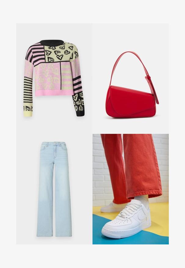 Krošu džemperis ar īsu dizainu, kurā ir rozā, zaļas, melnas krāsas un svītrainie raksti, papildināts ar sirds motīviem un ribinātu apkakli.; Gaiši zili, plataji stili džinsi, izgatavoti no denima, ar klasisku piecu kabatu dizainu un priekšējo pogu aizdari. Priekšpusē ir neliela izbalēšana.; Baltās ādas kedas ar perforētu purngalu, teksturētu zoli un baltām auklām, apvienotas ar platām sarkanām biksēm un zilu un dzeltenu fona.; Sarkans ādas rokassomi ar stūrainu, ģeometrisku dizainu. Iekļauj vienu regulējamu siksnu un vāku ar izšūtu detaļu.