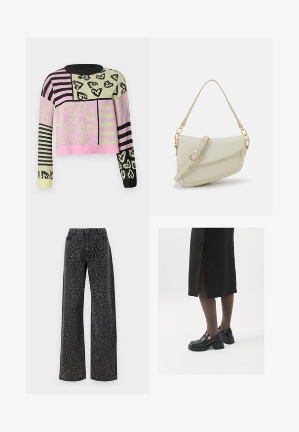 Krošu džemperis ar īsu dizainu, kurā ir rozā, zaļas, melnas krāsas un svītrainie raksti, papildināts ar sirds motīviem un ribinātu apkakli.; Noisy May NMJANNEL LOOSE - Brīva piegriezuma džinsi - black denim; Melni ādas apavi ar noapaļotu purngalu, biezām bloku papēžiem un elastīgiem sānu akcentiem, apvienoti ar tumšām zeķubiksēm un melnu svārku ar šķirbu.; Maza krēmkrāsas rokas soma ar teksturētu apdari, garu regulējamu siksniņu, ķēdes akcentu un vāciņa aizdari. Zelta aparatūras detaļas.; Sudraba gredzenveida auskari ar minimālistisku dizainu. Cirkulāra forma, gluda tekstūra un plāns profils. Vieglu svaru ar spīdīgu apdari.