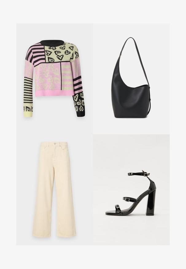 Horgolt pulóver, amelynek rövidített fazonja van, rózsaszín, zöld, fekete és csíkos mintákkal, szívmotívumokkal és bordás nyakkivágással díszítve.; Bézs, széles lábú farmernadrág, pamutból készült. Gombos záródással, övhurkokkal és elülső zsebekkel rendelkezik, sima, puha tapintással.; Fekete lakk magas sarkú szandál négyzet alakú orral, bokapántokkal és ezüst csatokat tartalmaz. Masszív blokk sarka a stabilitásért felel.; Fekete bőr hobo táska sima textúrával, ívelt formával és egyetlen állítható pánttal; széles nyílás található a tetején.