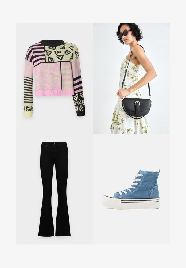 Crochet sweater featuring a cropped design with pink, green, black, and striped patterns, detailed with heart motifs and ribbed neckline.; Black high-waist jeans with a button and zip closure, front pockets, and flared legs laid flat on a white background.; High-top sneakers made of light blue denim with white laces. Features a white platform sole with black stripes and a frayed ankle collar.; Black leather handbag with a curved shape, detachable strap, and gold hardware. The bag features a flap with a buckle detail.