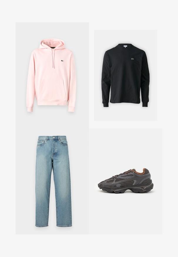 Sudadera rosa clara hecha de material suave. Cuenta con un bolsillo frontal, cordones y un pequeño logo verde en el pecho. Diseño simple, mangas largas.; Camiseta de manga larga negra de algodón, con escote redondo y un pequeño logo de cocodrilo bordado en verde en el lado izquierdo del pecho.; Jeans de mezclilla azul claro con un corte amplio, piernas rectas, diseño de cinco bolsillos y cierre de botón en la cintura. Detalle de costura minimalista.; Zapatillas Lacoste en gris oscuro con material de malla y sintético, que cuentan con una suela texturizada y detalles en marrón en el cuello y la marca.