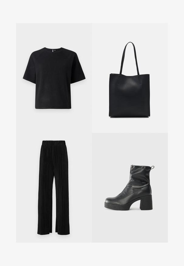 Fekete, rövid ujjú póló, puha anyagból készült, klasszikus környakú és lazán illeszkedő, rágland ujjakkal.; Fekete pliszírozott nadrág gumis derekkal. Széles lábakkal rendelkezik, sima, texturált anyagból készült, függőleges csíkokkal.; Fekete bokacsizmák sima bőrből, oldalsó cipzárral, vastag, texturált sarkú és lekerekített orrú dizájnnal.; Fekete bőrtáska sima felszínnel, téglalap alakú, két hosszú füllel. Nincs látható fémkiegészítő vagy díszítés.