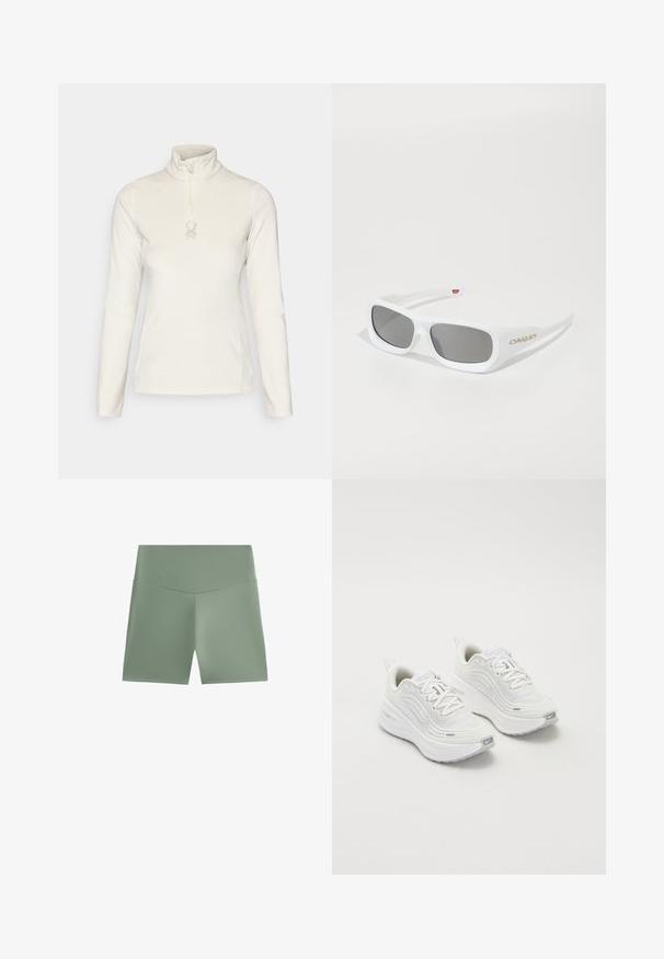 Spyder SHIMMER BUG 1/2 ZIP - Fleece trui - vanilla latte; Groene sportshorts met een gladde textuur, hoge tailleband en een simpel design, zonder zichtbare patronen of hardwaredetails.; Witte sportieve schoenen met een gestructureerde mesh bovenkant, een comfortabele zool en subtiele grijze accenten. Inclusief branding en een lus aan de hiel voor eenvoudig aan- en uittrekken.; Witte rechthoekige Oakley-zonnebril met donkere lenzen die op een witte ondergrond liggen, logo zichtbaar aan de zijkant.