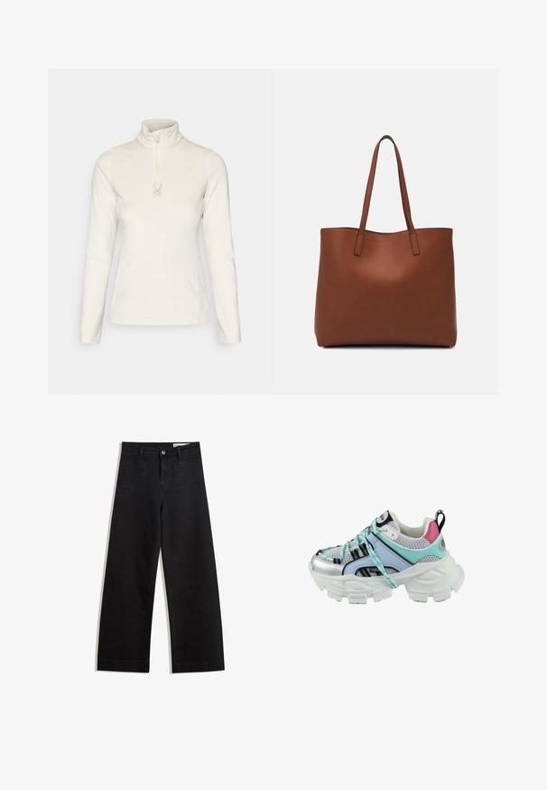 Spyder SHIMMER BUG 1/2 ZIP - Fleece trui - vanilla latte; Zwarte denim broek met wijde pijpen en een hoge taille, voorzien van voor- en achterzakken, gestikte naden en een knoopsluiting. Gladde textuur.; Chunky sneakers met een witte, gestructureerde zool, bovenwerk van mesh, zilveren accenten en een mix van mintgroene, zwarte en roze details.; Bruine leren tote bag met een gladde textuur, een ontwerp met een open bovenkant en twee schouderbanden. Kenmerkt zich door minimale stiksels en geen zichtbare hardware.