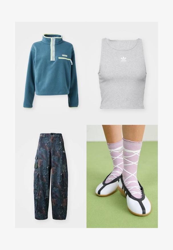 Tyrkysový fleecový pulóver s vysokým golierom, vybavený štyrmi gombíkmi, zipsovým vreckom na hrudi a svetlozelenými akcentmi pozdĺž goliera.; Šedý, bezrukávový crop top vyrobený z jemnej látky, s okrúhlym výstrihom a malým bielym logom Adidas na hrudi.; Maskáčové cargo nohavice v tmavozeleno-hnedej farbe, s viacerými vreckami a voľným strihom, vyrobené z ľahkej a odolnej tkaniny.; Biele ploché topánky s čiernymi ozdobami a podrážkou, doplnené svetlopurpurovými rebrovanými ponožkami s bielymi krížovými pásikmi. Umiestnené na zelenom pozadí.