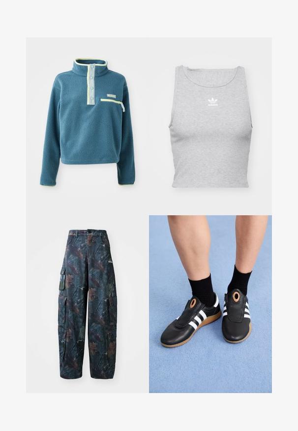 Tyrkysový fleecový pulovr s vysokým límcem, s čtyřknoflíkovou légou, zipovou náprsní kapsou a světle zelenými akcenty podél límce.; Šedý, bezrukávový crop top vyrobený z měkké látky, který má kulatý výstřih a malé bílé logo Adidas na hrudi.; Maskovací cargo kalhoty v tmavě zelené a hnědé barvě, s mnoha kapsami a volným střihem, vyrobené z lehké a odolné tkaniny.; Černé nazouvací boty s bílými pruhy a texturovaným koženým svrškem, s kruhovým detailem blízko otvoru a podešví z gumové pryže.