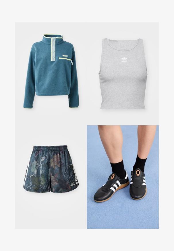 Teal fleece pullover with a high collar, featuring a four-button placket, a zippered chest pocket, and light green accents along the collar.; Grey, sleeveless crop top made of soft fabric, featuring a round neckline and a small white Adidas logo on the chest.; Adult shorts featuring a multicolored leaf pattern on a dark background, with an elastic waistband and side stripes in white.; Black slip-on shoes with white stripes and a textured leather upper, featuring a circular accent near the opening and a gum rubber sole.