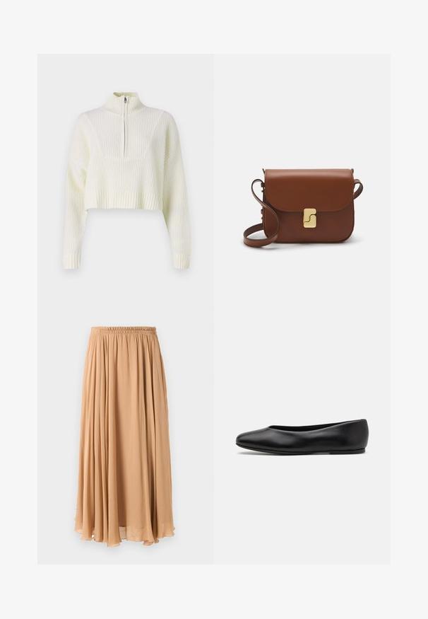 Cream-colored cropped sweater featuring a zip neck, ribbed texture, and wide sleeves. Material appears soft and knit.; Maxi skirt in light beige, made of flowy fabric. Features a gathered elastic waistband and soft pleats for movement.; Paul Smith TOPANGA - Ballet pumps - black; Brown leather handbag with a flap closure, gold-tone hardware, a shoulder strap, and a smooth texture. Compact rectangular shape.
