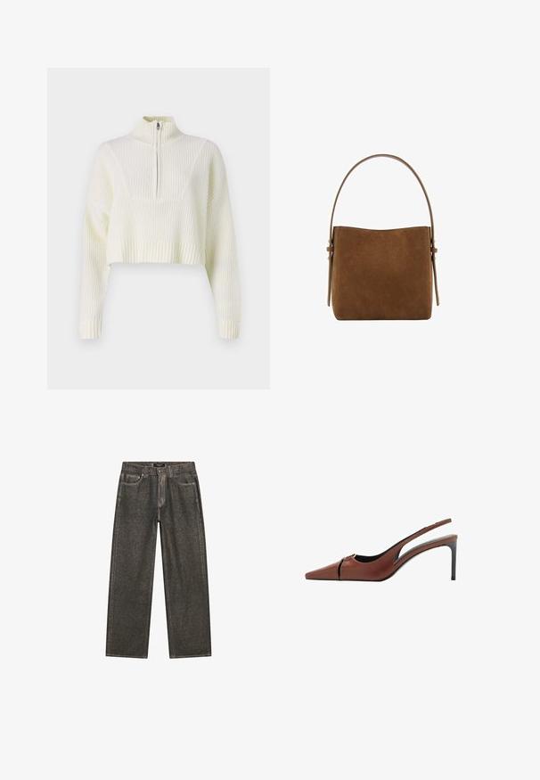 Crème kleurige cropped sweater met een ritskraag, geribbelde textuur en brede mouwen. Het materiaal lijkt zacht en gebreid.; Donkergrijze wijde jeans van denim, met een klassiek vijf-pocket ontwerp, stevige stiksels en een ritssluiting met knoopsluiting.; Bruine leren slingback hakken met een spitse neus, uitsnijding bij de bovenkant en een elegante stilettohak. Glad oppervlak.; Mango Handtas - brown