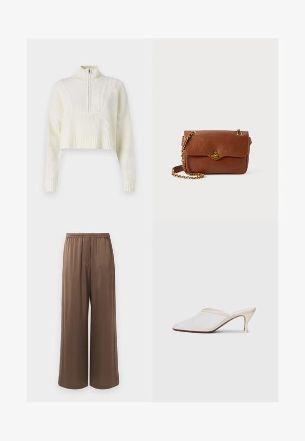 Cream-colored cropped sweater featuring a zip neck, ribbed texture, and wide sleeves. Material appears soft and knit.; Brown wide-leg pants with elastic waistband and smooth fabric, displayed against a plain white background.; White mesh pointed-toe mule with a slim mid-height heel and slip-on design against a plain background.; Brown leather crossbody bag with a flap closure, gold hardware, and a chain strap. Smooth texture, rectangular shape, minimal detailing.