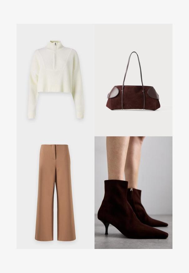 Suéter cropped em tom de creme, com gola em zip, textura canelada e mangas largas. O material parece suave e tricotado.; Calças largas castanhas feitas de tecido suave e liso, com fecho atrás e linhas limpas e retas. Sem bolsos ou costuras visíveis.; Botas de tornozelo em camurça castanha com bico afiado, salto alto elegante e detalhe com fecho atrás, apresentando uma textura suave e um design minimalista.; Bolsa de camurça castanha com acabamentos em pele, forma estruturada, duas alças de ombro e bordas arredondadas, apresentando uma textura suave e hardware mínimo.