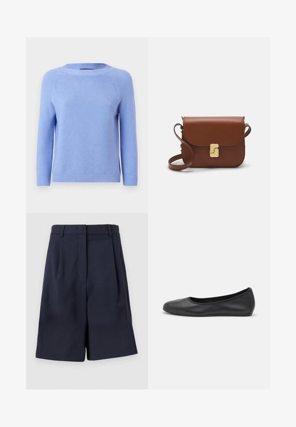 Hellblau gestrickter Pullover mit langen Raglanärmeln, rundem Ausschnitt und geripptem Saum. Weiche Textur mit einem einheitlichen Muster über die gesamte Fläche.; Button-Up-Hemd mit einem Patchwork-Design aus floralen und geometrischen Mustern in Beige-, Blau-, Marine- und Rottönen; Lange Ärmel.; Marineblaues, maßgeschneidertes Shorts aus einem glatten Stoff mit hoher Taille, Falten vorne und seitlichen Taschen. Saubere, strukturierte Silhouette.; Schwarze Leder-Ballettschuhe mit abgerundeter Spitze, glatter Textur, minimalen Nähdetails und einem flexiblen Sohlen-Design.; Braune Ledertasche mit Klappenverschluss, Beschlägen in Goldfarbe, einem Schultergurt und einer glatten Oberfläche. Kompakte rechteckige Form.