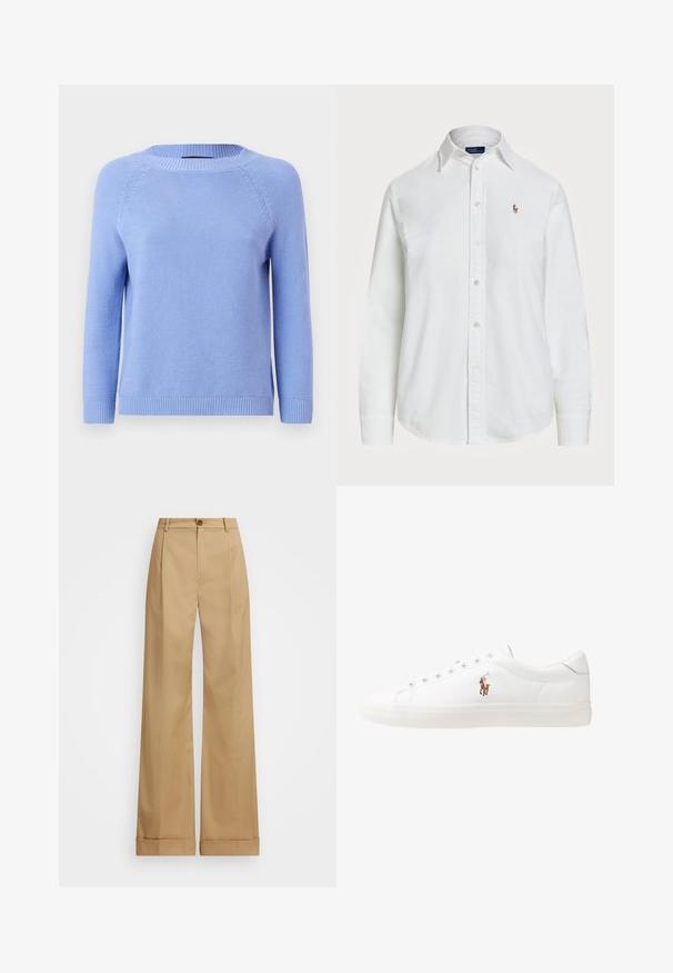 Jasnoniebieski sweter dzianinowy z długimi rękawami raglanowymi, okrągłym dekoltem i ściągaczem na dole. Miękka faktura z jednolitym wzorem na całej powierzchni.; Biała koszula z długim rękawem wykonana z bawełny, z klasycznym kołnierzykiem i małym haftowanym logo na piersi. Teksturowana tkanina.; Beżowe spodnie o szerokich nogawkach z zapięciem na guzik, charakteryzujące się gładką teksturą i wyprasowanymi fałdami. Dodatkowo z mankietami dla lepszego wykończenia.; Białe skórzane sneakersy, niskoprofilowy design, charakteryzujące się gładką fakturą, okrągłym noskiem, sznurowanym przodem i małym haftowanym logo z boku.