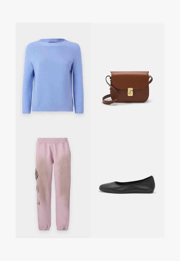 Gaiši zils adīts džemperis ar garām raglanu piedurknēm, noapaļotu kakla izgriezumu un ribotu apakšmalu. Mīksta tekstūra ar vienmērīgu rakstu visā.; Balta īsām piedurknēm T-krekls, izgatavots no ribota auduma. Apaļš izgriezums, regulāra piegriezuma un diskrēti šuvumu detaļas. Bez printiem vai grafikām.; Rozā sporta bikses ar elastīgu jostu, kurām labajā pusē ir dekoratīvi uzliktni dimanta formā un elastīgas apkakles pie potītēm.; Melna ādas baleta kurpe ar noapaļotu purngalu, gludu tekstūru, minimālu šuvju detalizāciju un elastīgu zoles dizainu.; Bordo ādas rokas soma ar atloku, zeltītām detaļām, plecu siksnu un gludu virsmu. Kompakta, taisnstūrveida forma.