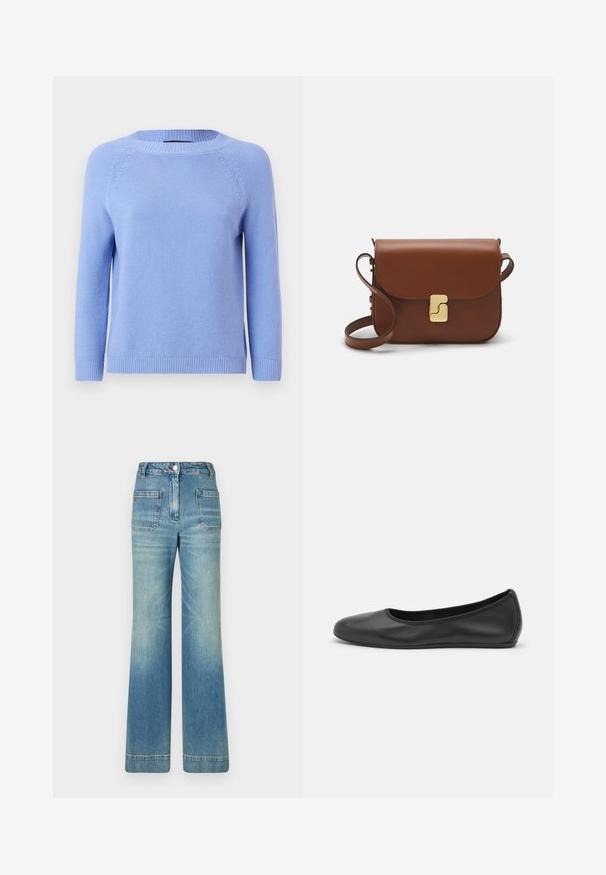 Hellblau gestrickter Pullover mit langen Raglanärmeln, rundem Ausschnitt und geripptem Saum. Weiche Textur mit einem einheitlichen Muster über die gesamte Fläche.; Helle blaue, ausgestellt geschnittene Jeans aus Denim mit fünf Taschen, Gürtelschlaufen, Knopfverschluss und einer leicht verblassten Textur, die ein rotes Logodetail auf der Rückseite aufweist.; Schwarze Leder-Ballettschuhe mit abgerundeter Spitze, glatter Textur, minimalen Nähdetails und einem flexiblen Sohlen-Design.; Braune Ledertasche mit Klappenverschluss, Beschlägen in Goldfarbe, einem Schultergurt und einer glatten Oberfläche. Kompakte rechteckige Form.