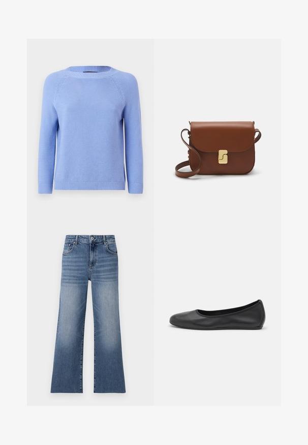 Hellblau gestrickter Pullover mit langen Raglanärmeln, rundem Ausschnitt und geripptem Saum. Weiche Textur mit einem einheitlichen Muster über die gesamte Fläche.; Helle blaue Denim-Jeans mit weitem Bein und hoher Taille, ausgestattet mit Fronttaschen, einem Knopfverschluss und einem verwaschenen Muster an den Beinen.; Schwarze Leder-Ballettschuhe mit abgerundeter Spitze, glatter Textur, minimalen Nähdetails und einem flexiblen Sohlen-Design.; Braune Ledertasche mit Klappenverschluss, Beschlägen in Goldfarbe, einem Schultergurt und einer glatten Oberfläche. Kompakte rechteckige Form.
