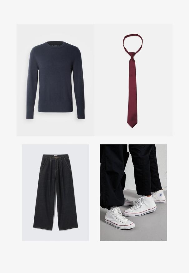 Maglione blu navy realizzato in morbido tessuto a maglia. Collo a giro, maniche lunghe, polsini e orlo a coste, logo in rilievo sul petto.; Jeans ampi di colore blu scuro con pieghe anteriori, tasche inclinate, passanti per cintura e chiusura con bottone in vita etichettata "WEEKDAY."; Sneakers alte in tela bianca con suola in gomma, dotate di occhielli in argento e strisce rosse e blu lungo la suola.; Cravatta in satin bordeaux con una texture liscia, stretto, e punta a punta; presenta un anello per una facile indossatura.