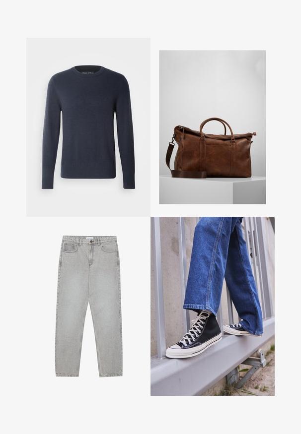 Navy blue sweater made of soft knit material. Crew neckline, long sleeves, ribbed cuffs and hem, embossed logo on the chest.; Light grey denim pants with a straight-leg design, five-pocket styling, and a button closure. Visible stitching along the seams.; Black high-top sneakers with white sole and laces, paired with loose blue denim jeans, resting on a gray railing.; Brown leather duffle bag with a zip closure, double handles, adjustable shoulder strap, and visible texture patterns on the surface.