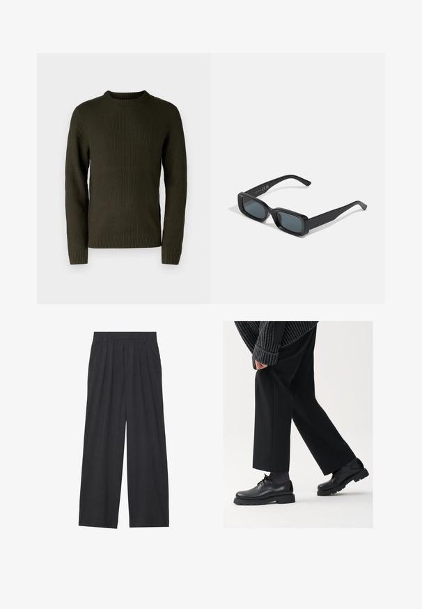 Tumši olīvzaļš adīts džemperis, ar ribotu tekstūru, apaļu dekoltē un gariem piedurkņu galiem ar pieguļošiem aprocēm.; Platas piegriezuma bikses no tumši pelēka auduma. Iezīmes - izgriezumi jostasvietā, veidota forma un taisna silueta.; Melni ādas apavi ar noapaļotu purngalu, aukliņu dizainu un biezu, teksturētu zoli. Valkāti ar piegrieztām melnām biksēm un ribotu džempera.; Melnas taisnstūra saulesbrilles ar tumšiem stikliem. Glancēta kārba, taisnas rokas ar vieglu izliekumu. Minimalistisks dizains, bez rotājumiem.