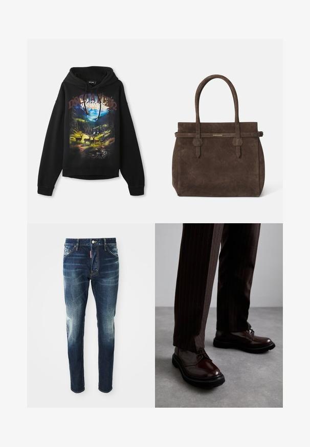 Hoodie nero con grafica a tema naturale che presenta cervi e montagne. Cappuccio con lacci, maniche lunghe e vestibilità rilassata. Tessuto in morbido cotone.; Canottiera bianca in cotone senza maniche con scollatura rotonda, caratterizzata da una texture liscia e una vestibilità aderente, progettata per l'abbigliamento casual.; Jeans in denim blu scuro con una vestibilità slim, con zone sbiadite sulle cosce e sulle ginocchia, cinque tasche e chiusura con bottone metallico.; Scarpe stringate in pelle marrone con finitura lucida, suola in gomma nera e cuciture sottili. Indossate con pantaloni marroni a righe.; Borsa a spalla in suede marrone scuro con doppi manici e una tracolla orizzontale, dotata di una piccola placca con il logo DSQUARED2 in oro.