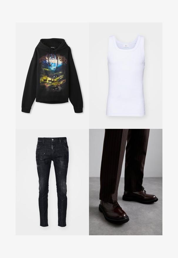 Black hoodie featuring a nature-themed graphic with deer and mountains. Drawstring hood, long sleeves, and relaxed fit. Soft cotton fabric.; White cotton sleeveless tank top with a round neckline, featuring a smooth texture and a fitting shape, designed for casual wear.; Black denim jeans featuring a slim fit, distressed texture, paint splatter accents, and bold graphic prints on the front.; Brown leather lace-up shoes with a glossy finish, black rubber sole, and subtle stitching. Worn with pinstriped brown trousers.