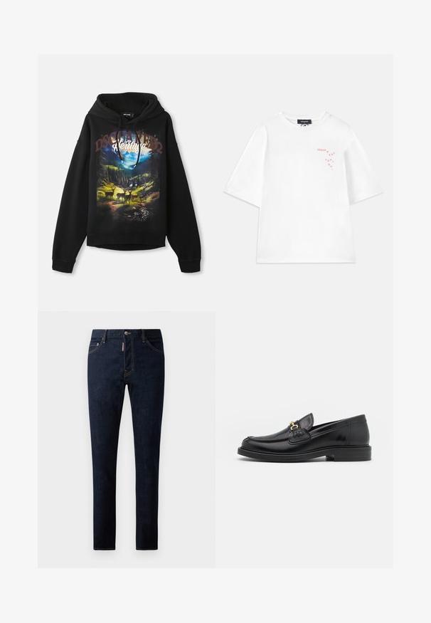 Hanorac negru cu un grafic inspirat din natură, având cerbi și munți. Glugă cu șnur, mâneci lungi și croială lejeră. Material din bumbac moale.; Dsquared2 LOOSE FIT TEE - Tricou cu imprimeu - white; Jeans din denim albastru închis, cu o croială slim, având cusături în contrast, închidere cu buton și un design cu cinci buzunare. Textură netedă și țesătură durabilă.; Loaferi din piele neagră cu vârf rotunjit, dotati cu accente aurii și detalii de cusătură, așezați pe o talpă joasă din cauciuc texturat.