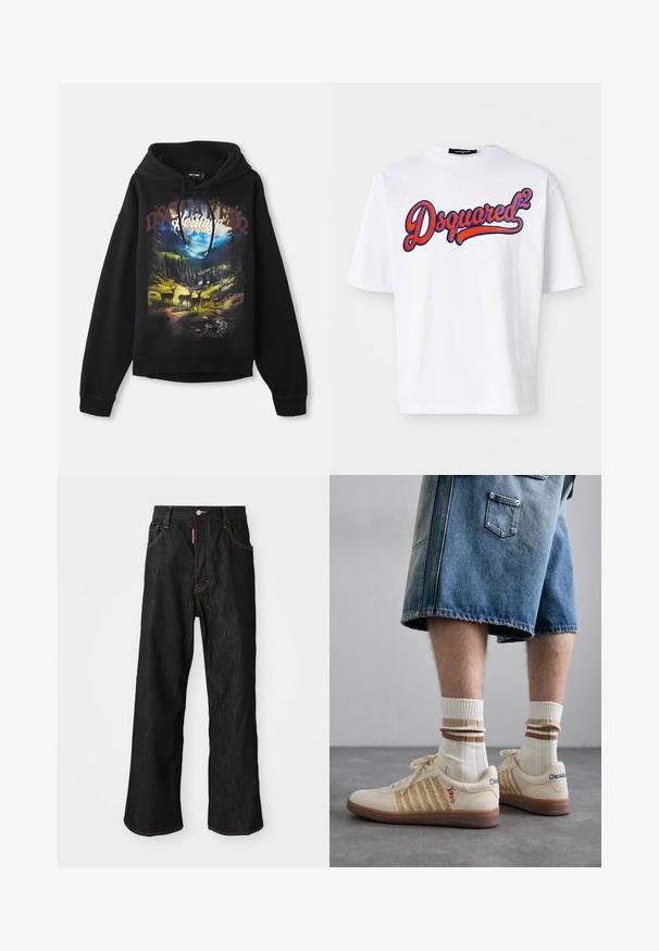 Černá mikina s kapucí obsahující grafiku s přírodními motivy srnce a hor. Kapuce se stahovací šňůrkou, dlouhé rukávy a pohodlný volný střih. Měkká bavlněná tkanina.; Bílá bavlněná tričko s kulatým výstřihem, na přední straně s výrazným vyšívaným logem "Dsquared²" v modré a červené barvě. Krátké rukávy.; Černé džíny rovného střihu se žlutým prošíváním, design se pěti kapsami, zapínání na knoflík a malá červená cedulka na přední pravé kapse.; Bežové retro tenisky s hnědou gumovou podrážkou, zdobené pruhovanými detaily a vyšitými logy. Nosené s bílými ponožkami, pruhovaný hnědý detail.