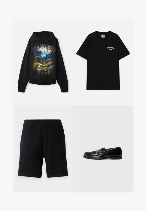 Black hoodie featuring a nature-themed graphic with deer and mountains. Drawstring hood, long sleeves, and relaxed fit. Soft cotton fabric.; Black cotton T-shirt with short sleeves, featuring white "DSQUARED2 MILANO" logo on the chest. Crew neck design, smooth texture.; Black athletic shorts made of soft material; features an elastic waistband, two side pockets, and contrasting stitching.; Black leather loafer with textured upper, braided accent, and smooth finish. Low profile heel and minimalistic design.
