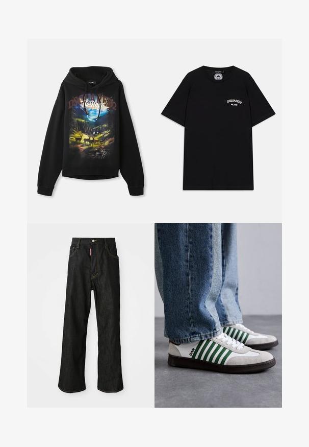 Black hoodie featuring a nature-themed graphic with deer and mountains. Drawstring hood, long sleeves, and relaxed fit. Soft cotton fabric.; Black cotton T-shirt with short sleeves, featuring white "DSQUARED2 MILANO" logo on the chest. Crew neck design, smooth texture.; Black straight-leg jeans with yellow stitching, five-pocket design, button closure, and a small red tag on the front right pocket.; White and green sneaker with suede and leather materials, featuring green stripes, white laces, and a rubber sole. Styled with blue jeans.