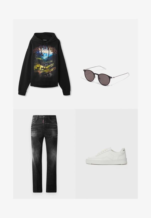 Hoodie nero con grafica a tema naturale che presenta cervi e montagne. Cappuccio con lacci, maniche lunghe e vestibilità rilassata. Tessuto in morbido cotone.; T-shirt in cotone nero con scollatura rotonda, maniche corte e logo "EMPORIO ARMANI" in bianco sopra "Milano" in una disposizione curva.; Jeans in denim nero con vestibilità dritta. Presentano aree sbiadite, leggeri segni di usura, classico design a cinque tasche e chiusura con bottone.; Sneaker in pelle bianca con una finitura liscia, punta rotonda, lacci piatti e suola testurizzata. Presenta un logo discreto sul tallone.; Occhiali da sole neri rotondi con lenti scure e sottili bracci in metallo. Include punte trasparenti e accenti argentati alla cerniera. Design minimalista.