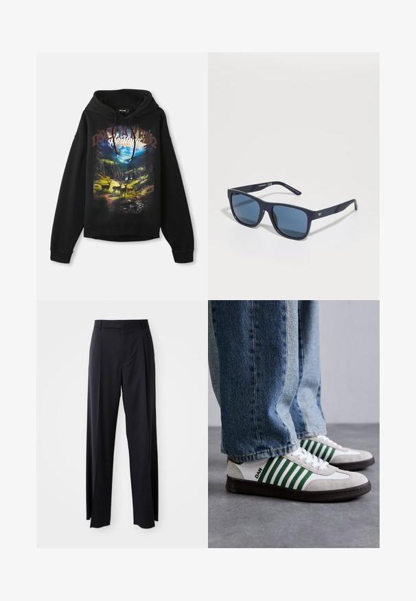 Black hoodie featuring a nature-themed graphic with deer and mountains. Drawstring hood, long sleeves, and relaxed fit. Soft cotton fabric.; Black, high-waisted trousers with a wide-leg cut, made of smooth fabric. Features front pleats and belt loops. Minimalistic design, no visible hardware.; White and green sneaker with suede and leather materials, featuring green stripes, white laces, and a rubber sole. Styled with blue jeans.; Blue rectangular sunglasses with dark lenses, matte navy frame, logo detail on the temple, straight arms, and a solid, smooth texture.