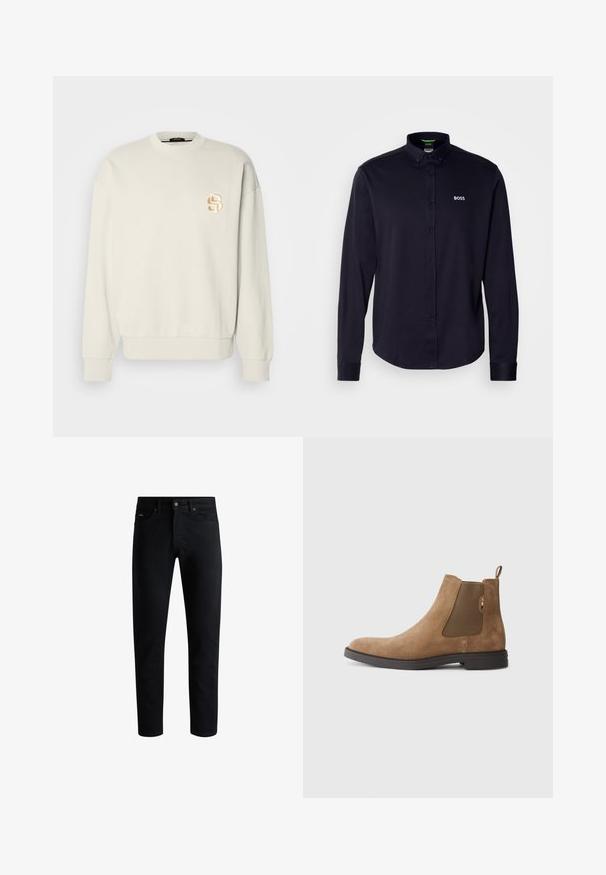 Kerman huppari, jossa on pyöreä kaula-aukko ja pudotetut olkapäät. Vasemmassa rinnassa on teksturoitu beige logo ja ribbireunat hihansuissa.; Sini pitkähihaisen napitettavan paidan, jossa on kaulus, ja rinnassa valkoinen "BOSS"-logo. Paita on valmistettu sileästä, teksturoidusta kankaasta.; Musta kapea slim-fit farkut viidellä taskulla, napitettava sulkeminen ja vyölenkit, esitelty valkoista taustaa vasten.; Ruskeat mokkasaappaat Chelsea-tyyliin, joissa on joustavat sivupaneelit ja vetonauha. Ominaisuuksiin kuuluu pyöristetty kärki ja tasainen kumipohja vakauden takaamiseksi.