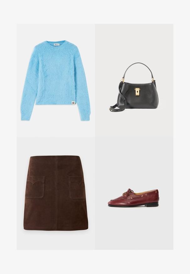 Hele hele sinine, karvane kampsun pehmest materjalist. Omab ümmargust kaelust ja pikki varrukaid. Väike brändi silt all vasakul.; Pruun seemisabal, millel on klassikaline A-linja kuju, kaks eesmist taskut ümarate klappidega ja peened tikandi detailid.; Burgundia värvi nahast paadi jalanõud ümmarguse varbaga, kinnitatavad paeladega, kuldsed silmused ja madal must tall.; Must matte mustra ala nahk, millel on tekstuurne viimistlus, kuldse lukuga sulgemine, lühike käepide ja eemaldatav õlapael.