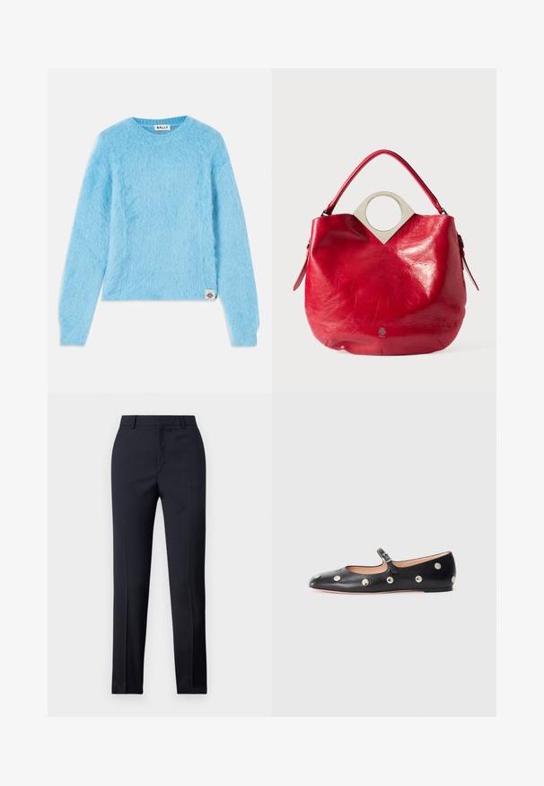 Un pull bleu clair et duveteux fabriqué à partir d'un matériau doux. Il présente un col rond et des manches longues. Une petite étiquette de marque en bas à gauche.; Pantalons ajustés bleu marine avec une coupe droite, présentant une texture lisse, deux poches avant et une taille épurée.; Chaussure plate en cuir noir type Mary Jane avec un bout arrondi, ornée de clous ronds en argent et dotée d'une sangle réglable avec une boucle.; Sac à main en cuir rouge avec une finition texturée, anse ronde en haut et accent en métal argenté de forme circulaire près de l'ouverture, présentant un design souple.