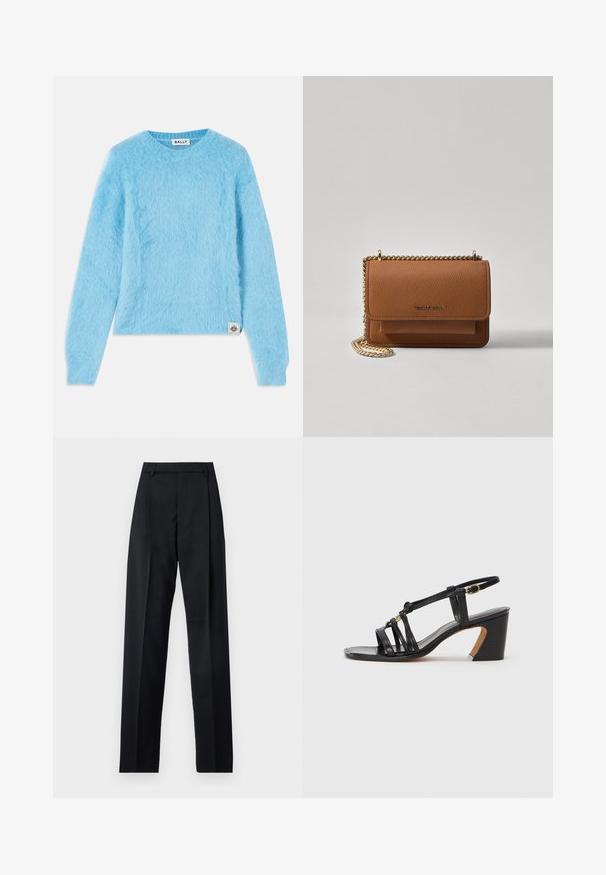 Šviesiai mėlyna, puri megzta švarkelė, pagaminta iš minkštos medžiagos. Yra apvalus kaklas ir ilgomis rankovėmis. Maža ženklinimo etiketė apatiniame kairiajame kampe.; Juodos kelnės iš lygaus audinio, pasižyminčios aukštu liemeniu, plačiomis kojomis, priekinėmis klostėmis ir klasikiais diržo kilpomis. Šoninių kišenių nematyti.; Paul Smith AMIRA - Klasikiniai aukštakulniai - black; Ruda tekstūruota odinė per petį nešama rankinė su auksiniu grandininiu dirželiu ir užlenkiamo užsegimo. Priekinėje pusėje yra logotipo detalė ir kišenė po užlenkimu.