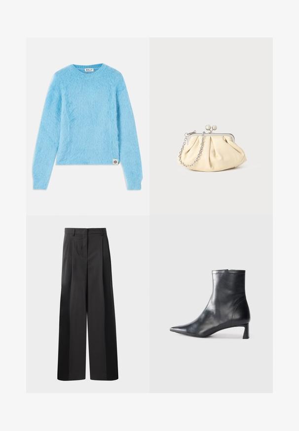 Maglione azzurro chiaro e soffice, realizzato in un materiale morbido. Presenta un collo rotondo e maniche lunghe. Piccola etichetta di marca in basso a sinistra.; Pantaloni neri a gamba larga con vita alta, caratterizzati da pieghe frontali, una texture liscia e una finitura sartoriale. Progettati per un fit rilassato.; Stivaletto in pelle nera con punta affusolata e design elegante. Presenta un tacco basso e una chiusura con zip sul retro. Texture liscia.; Clutch in pelle beige plissettata con una struttura in metallo argento, dotata di due chiusure decorative rotonde e una tracolla in catena argentata.