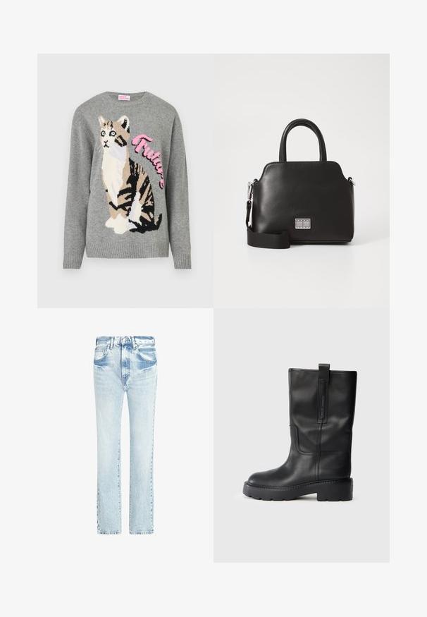 Szürke kötött pulóver fekete és bézs macska grafikával, a "Jövő" szó rózsaszínben látható az elején.; Világoskék farmernadrág egyenes lábakkal, öt zsebbel és elhalványult textúrával. Látható varrásokkal és klasszikus gombos záródással rendelkezik.; Fekete bőr, térd fölé érő csizmák, amelyek karcsú dizájnnal rendelkeznek, vastag talppal és oldalsó húzópánttal a könnyű felvételhez. Figyelemre méltó varrási részletek.; Fekete szintetikus kézitáska, felső fogantyúkkal, levehető vállpánttal, kerek formával, sima textúrával és ezüst logóval az elején.