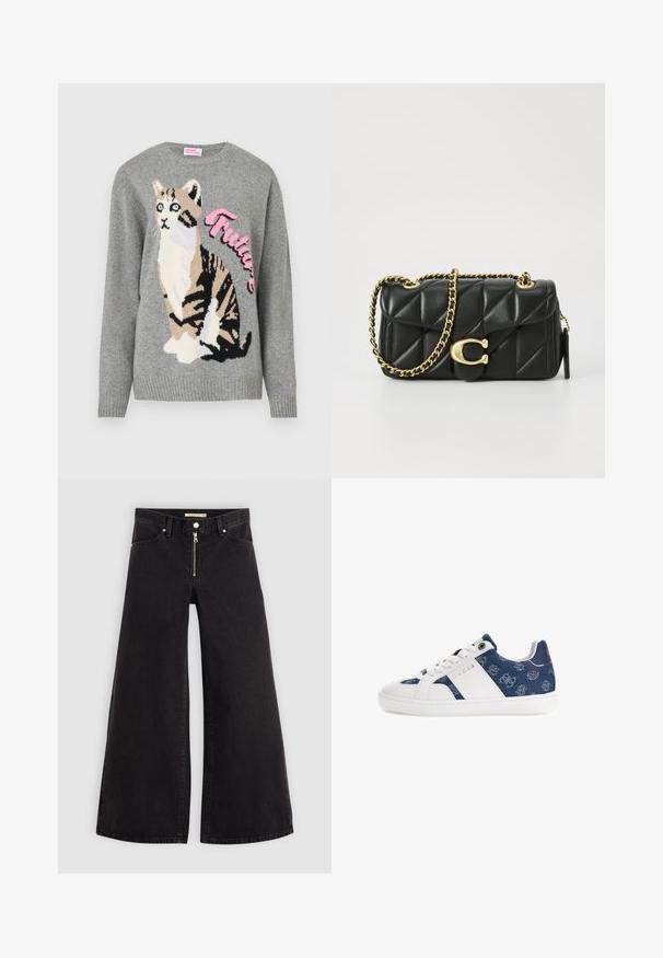 Grijs gebreid sweater met een kattenafbeelding in zwart en beige, met het woord "Toekomst" in het roze over de voorkant.; Wijdvallende jeans van zwarte denim met een ritssluiting aan de voorkant, vijf zakken en subtiele stikdetails. Soepele textuur en casual stijl.; Sneakers met een witte leren neus en een navy denim lijf met logopatronen, aangevuld met een witte rubberen zool en veters.; Zwarte gewatteerde leren handtas met een gouden kettingschouderband en een toggle-sluiting met een rond accent. Compacte rechthoekige vorm.