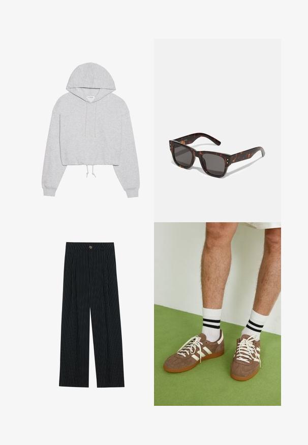 Grijze cropped hoodie van zacht materiaal, voorzien van een capuchon met trekkoorden, lange mouwen en ribgebreide boorden. Eenvoudig ontwerp zonder patronen of graphics.; Zwarte pantalon met fijne strepen, gemaakt van gestructureerde stof. De broek heeft een sluiting met een knoop aan de voorkant en een geplooid ontwerp voor extra flair.; Bruine suède sneakers met witte accenten en veters. Rubberen gumzool. Draag met witte sokken met zwarte strepen. Groene gestructureerde vloer.; Tortoise shell zonnebril met donkere lenzen, vierkant montuur en zilveren accentstuds aan de voorkant. Gemaakt van kunststof, lichtgewicht en duurzaam.