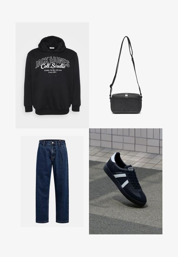 Felpa nera con cappuccio regolabile e polsini a costine. Presenta il logo testuale bianco "JACK & JONES Coll. Studio" centrato sulla parte anteriore.; Jeans in denim blu scuro con design a gamba dritta. Presentano cuciture visibili, una chiusura con bottone e pieghe frontali per un tocco di dettaglio in più.; Sneaker neri in pelle con strisce bianche, suola in gomma texturizzata e allacciatura frontale. Presenta un'etichetta con il marchio sulla linguetta.; Borsa a tracolla nera in pelle con chiusura zip, logo impresso sul davanti e tracolla regolabile. Texture liscia con forma rettangolare.