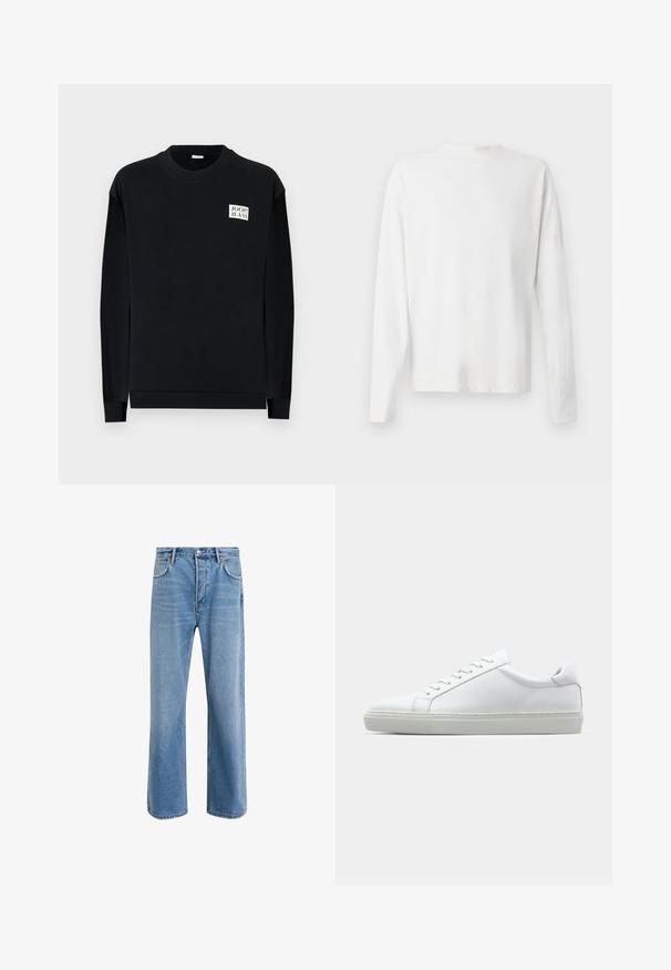 Felpa nera in morbido tessuto, con collo rotondo e maniche lunghe. Patch decorativo del logo nella parte superiore sinistra del petto.; Camicia bianca in cotone a maniche lunghe con scollatura rotonda, spacchi laterali in fondo e una texture liscia, mostrata da dietro.; Jeans in denim blu chiaro con design a gamba dritta, cinque tasche, chiusura con bottone, leggero sbiadimento e dettagli di cucitura a contrasto.; Sneaker bianco con tomaia in pelle liscia e profilo basso. Presenta una punta arrotondata, sei occhielli e una suola in gomma testurizzata.
