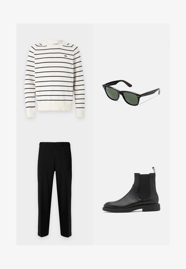 Sweater creme com listras horizontais azuis, decote e punhos canelados, apresentando um pequeno logo da Lacoste no peito. Ajuste clássico, textura de malha.; Calças pretas feitas de tecido liso, com um corte reto, dois bolsos frontais e fecho de zipper com botão.; Bota de tornozelo em pele preta com textura lisa, painéis laterais elásticos e uma alça de puxar. Bico redondo e sola de borracha plana com risco mínimo.; Óculos de sol de plástico preto com lentes verdes, armações quadradas, detalhe prateado na sobrancelha e hastes texturizadas. Marca indicada na parte interna da haste.