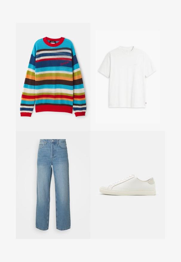 Pull en tricot multicolore avec des rayures horizontales bleues, rouges, vertes et brunes. Encolure et poignets côtelés rouges. Tissage léger et aéré.; T-shirt en coton blanc à manches courtes, col rond, avec un logo Levi's discret imprimé au centre. Texture douce et coupe standard.; Jeans en denim léger bleu clair taille haute avec des jambes droites, fermeture à bouton à l'avant et style à cinq poches sur fond uni.; Baskets en cuir blanc avec une surface lisse, bout rond et design minimaliste. Présentent des accents beiges sur le talon et une semelle en caoutchouc.