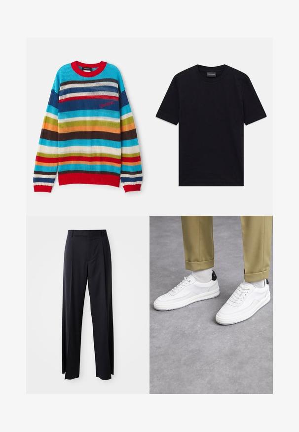 Pull en tricot multicolore avec des rayures horizontales bleues, rouges, vertes et brunes. Encolure et poignets côtelés rouges. Tissage léger et aéré.; T-shirt noir à manches courtes et col ras du cou avec un motif en relief subtil et une étiquette de marque à l'intérieur du col, posé à plat sur un fond blanc.; Pantalon noir taille haute à pattes larges, en tissu lisse. Présente des plis sur le devant et des passants de ceinture. Design minimaliste, sans matériel visible.; Baskets blanches avec une finition en cuir texturé, bout arrondi et accent noir au talon. Semelle en caoutchouc avec un petit motif de sculpture et des détails cousus.