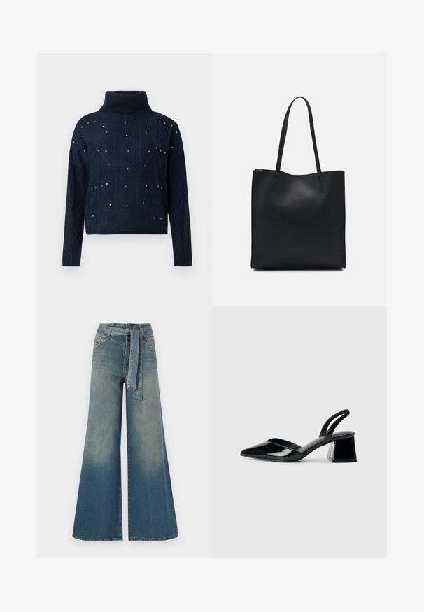 Tamsiai mėlynas golfas su kabelių mezgimo dizainu ir išsibarstytomis dekoratyvinėmis smeigėmis. Turi ilgus rankovės ir laisvą tinkamumą.; Platus džinsinis kelnes su šviesiai tamsiai mėlynu gradientu, aukštu juosmeniu, diržo kilpomis ir atitinkančiu audinio diržu. Textūruotas džinsinis paviršius.; Juodos lakuotos odinės šlepetės su smailiu pirštu ir geometriniu bloko kulnu. Turi elegantišką, minimalistinį dizainą ir lygų paviršių.; Juodas odinis tote krepšys su lygia tekstūra, stačiakampio formos ir dviem ilgais rankenomis. Matomų metalinių detalių ar puošybos nėra.