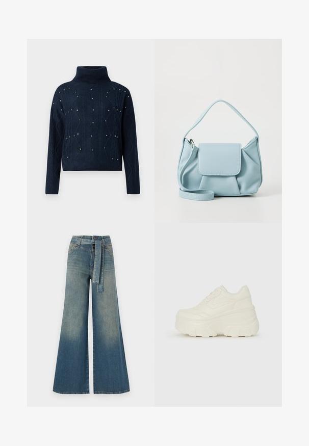 Navy turtleneck sweater with cable knit design and scattered decorative studs. Features long sleeves and a relaxed fit.; Wide-leg denim trousers featuring a light to dark blue gradient, high waist, belt loops, and a matching fabric belt. Textured denim finish.; White platform sneakers featuring a smooth leather-like upper, rounded shape, padded collar, and textured rubber sole with defined treads.; Light blue leather handbag with a top handle, front flap pocket, and detachable wrist strap on a white background.