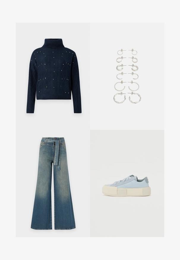 Navy coltrui met kabelpatroon en verspreide decoratieve studs. Voorzien van lange mouwen en een relaxte pasvorm.; Wijduitlopende denim broek met een lichte naar donkere blauwe gradient, hoge taille, riemlussen en een bijpassende stoffen riem. Gestructureerde denimafwerking.; Lichtblauwe canvas sneakers met een dikke crèmekleurige rubberen zool, voorzien van ronde veters en een gladde textuur met kleine accenten.; Zilveren oorringen set met verschillende ontwerpen: dunne hoops, geasfalteerde randen en gedraaide stijlen. Inclusief studs en hoop opties.