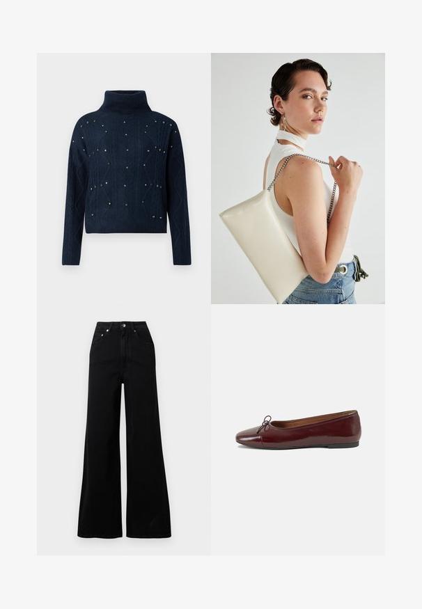 Mornarska turtleneck pulover z žično pletenico in razpršenimi dekorativnimi studenčki. Ima dolge rokave in sproščen kroj.; Črne široke jeans hlače iz jeansa, z visokim pasom, petimi žepi, sprednjo zapenjavo na gumbe in minimalnimi šivi.; Burgundska patenti usnjeni baletni čevlji z zaobljenim prstom, majhnim lokom na sprednji strani in nizkim črnim gumijastim podplatom. Gladka tekstura.; Bela pravokotna torbica za ključe iz sijajnega materiala, opremljena s srebrno verižico. Model pozira in prikazuje torbico na enobarvni podlagi.